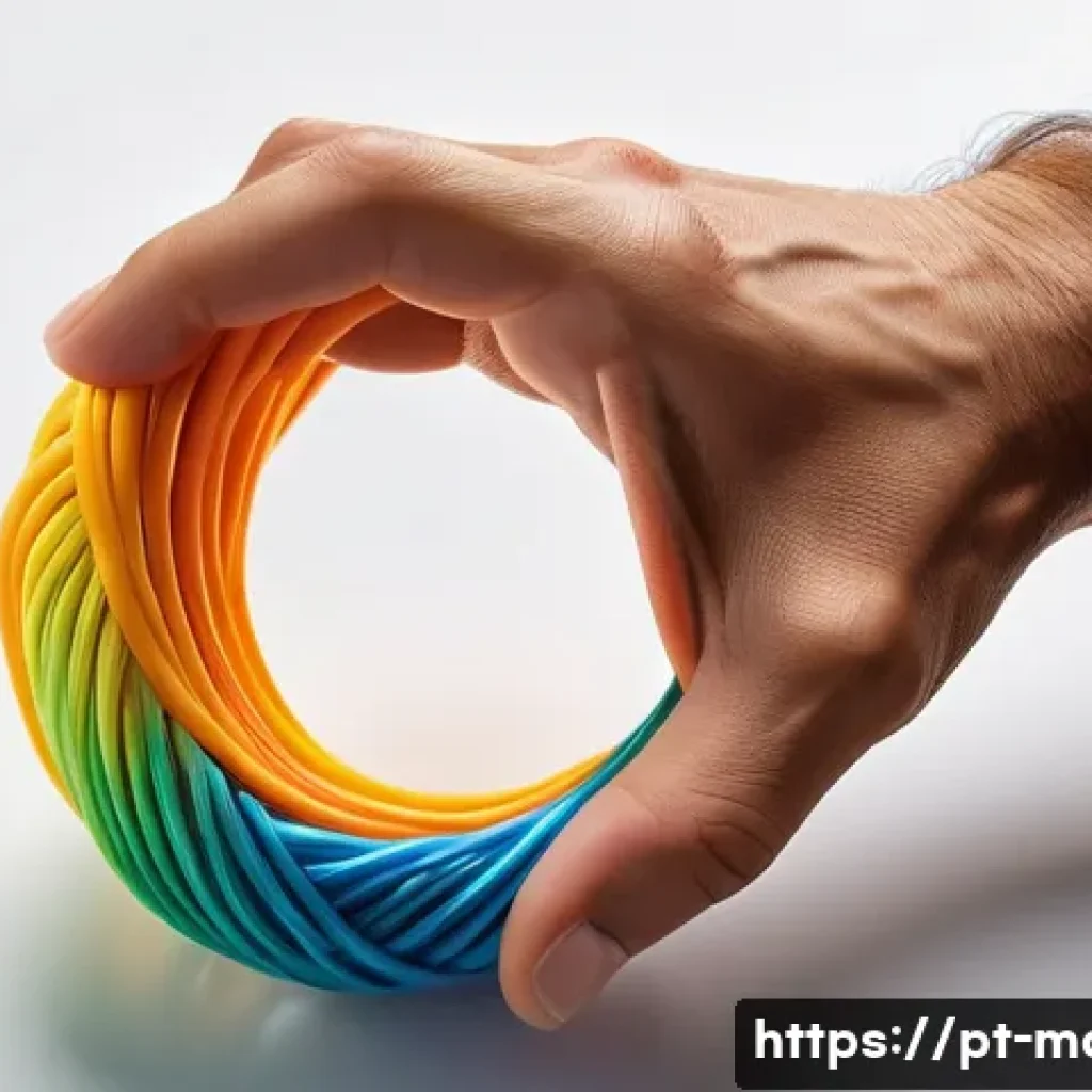 위상수학과 고무 밴드 이론 - A close-up, hyper-realistic image of a hand gently stretching and twisting a bright, colorful elasti...