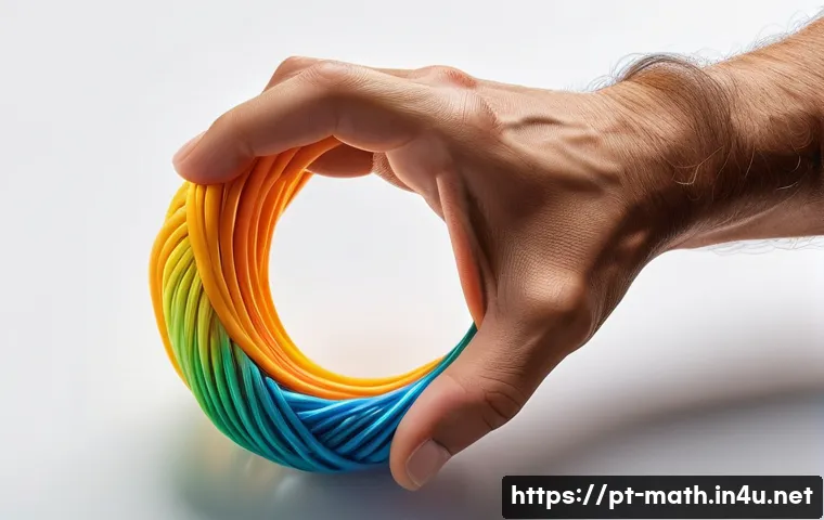 위상수학과 고무 밴드 이론 - A close-up, hyper-realistic image of a hand gently stretching and twisting a bright, colorful elasti...
